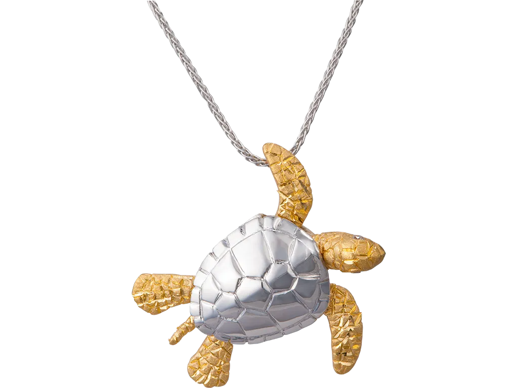 14k 2/tone 25mm Sea Turtle Pendant with 2 Diamonds