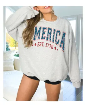 America Est 1776 Women's Sweatshirt, Oversize 4th of July Oversize Varsity Letters Pullover, Ash, Sand, Grey or White