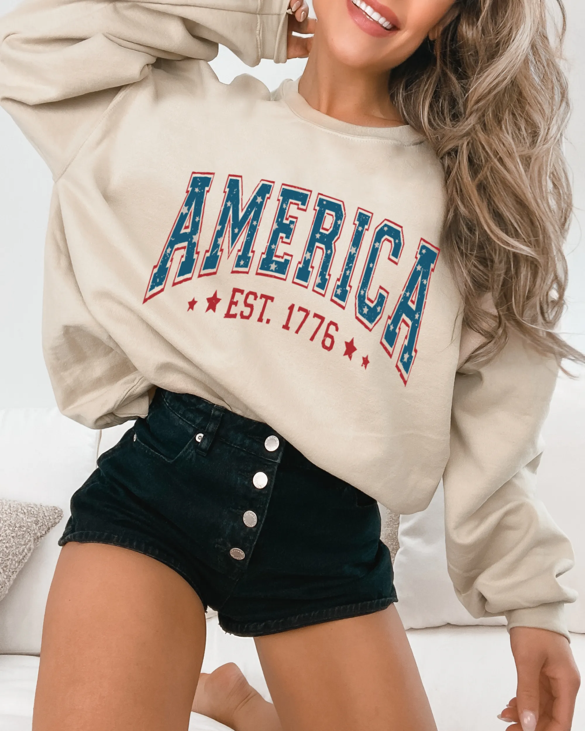 America Est 1776 Women's Sweatshirt, Oversize 4th of July Oversize Varsity Letters Pullover, Ash, Sand, Grey or White