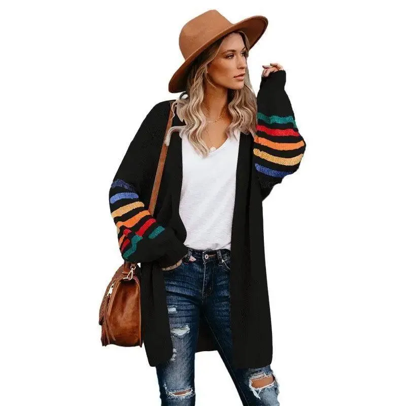 Autumn striped knitted cardigan mid-length coat