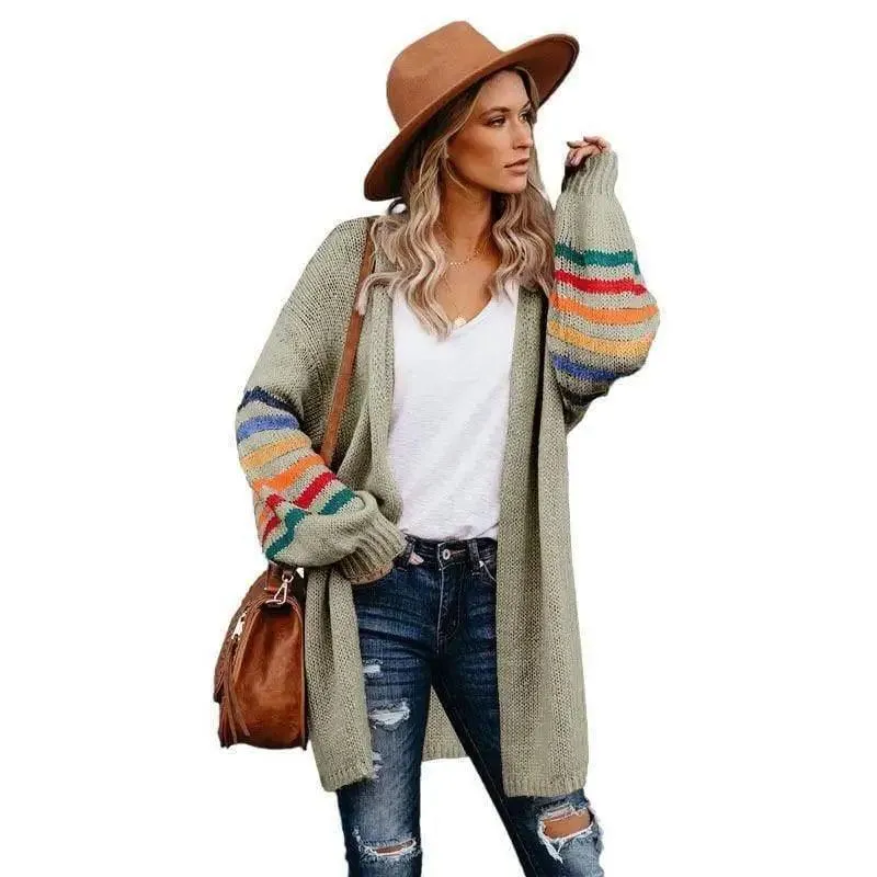 Autumn striped knitted cardigan mid-length coat