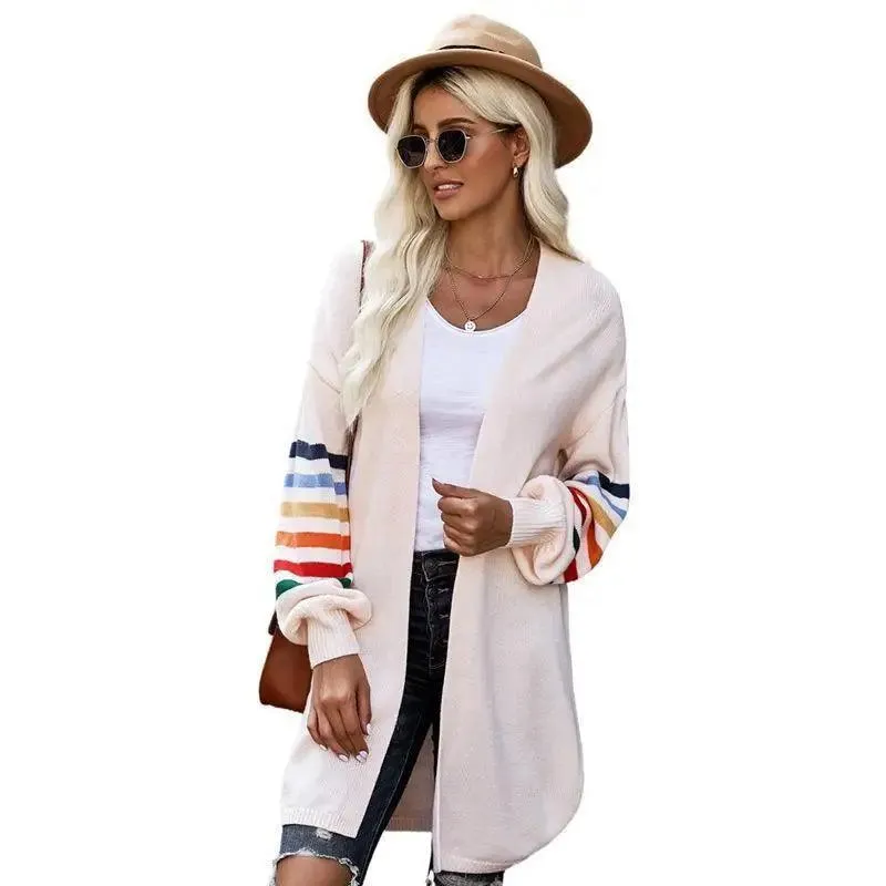 Autumn striped knitted cardigan mid-length coat