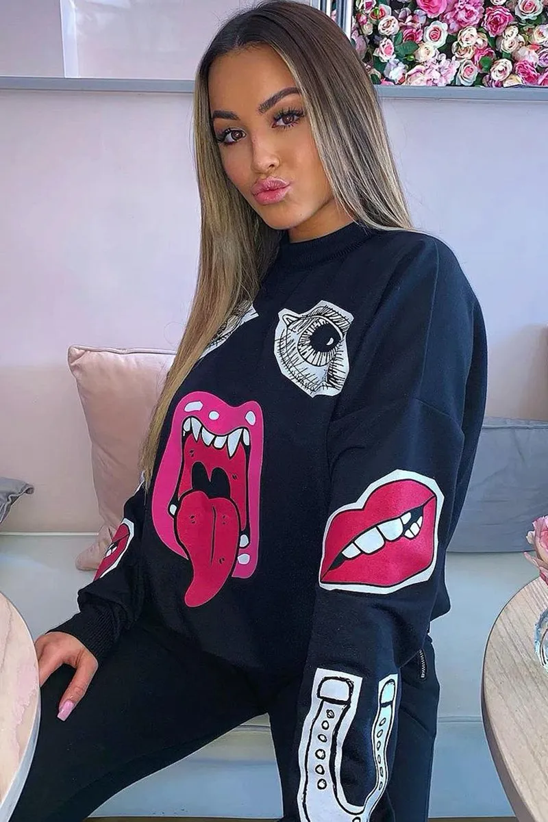 Black Eyes Lips Printed Sweatshirt - Beckie