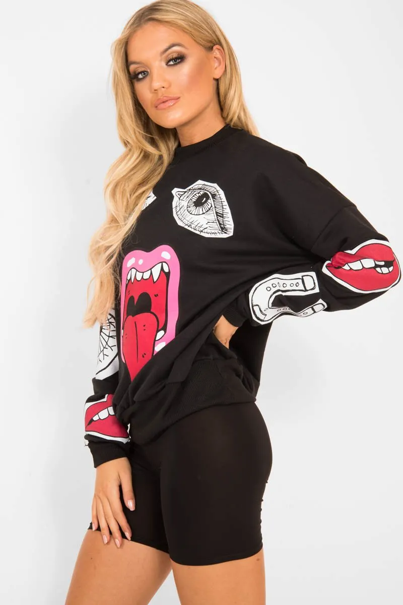 Black Eyes Lips Printed Sweatshirt - Beckie