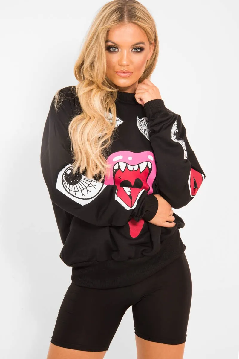 Black Eyes Lips Printed Sweatshirt - Beckie