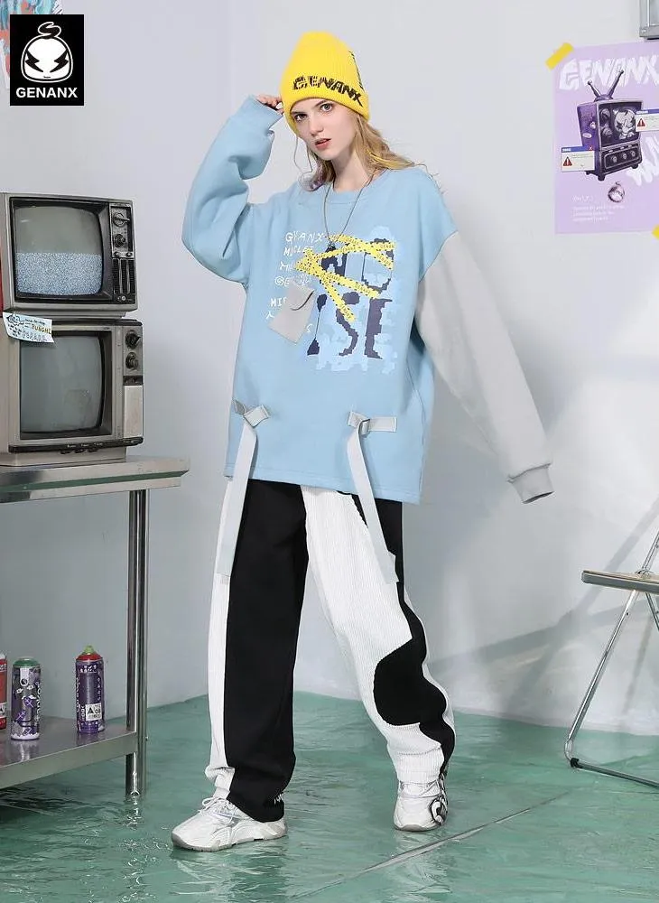 Blue Spliced Graffiti Sweatshirt With Pennant