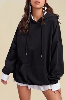 Eldemir Women's Plain Black Hooded Oversize Cotton Sweatshirt