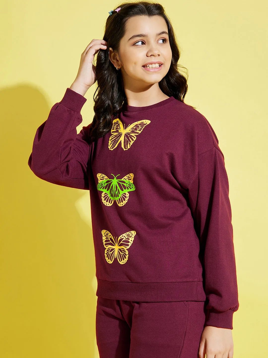 Girls Maroon Terry Butterfly Oversize Sweatshirt