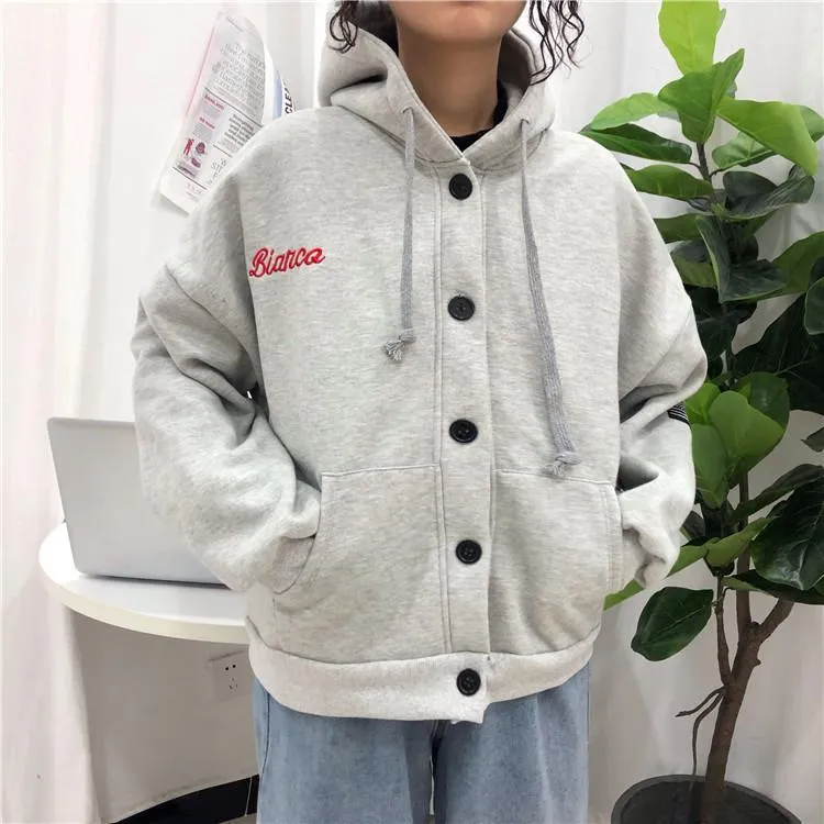 Gray Embroideries Loose Cardigan Hooded Sweatshirt