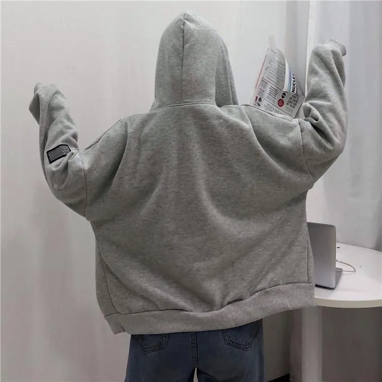 Gray Embroideries Loose Cardigan Hooded Sweatshirt