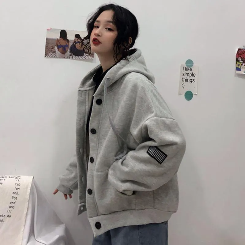 Gray Embroideries Loose Cardigan Hooded Sweatshirt