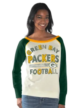 Green Bay Packers Women's Wide Neck Faded Cream Crew Sweatshirt