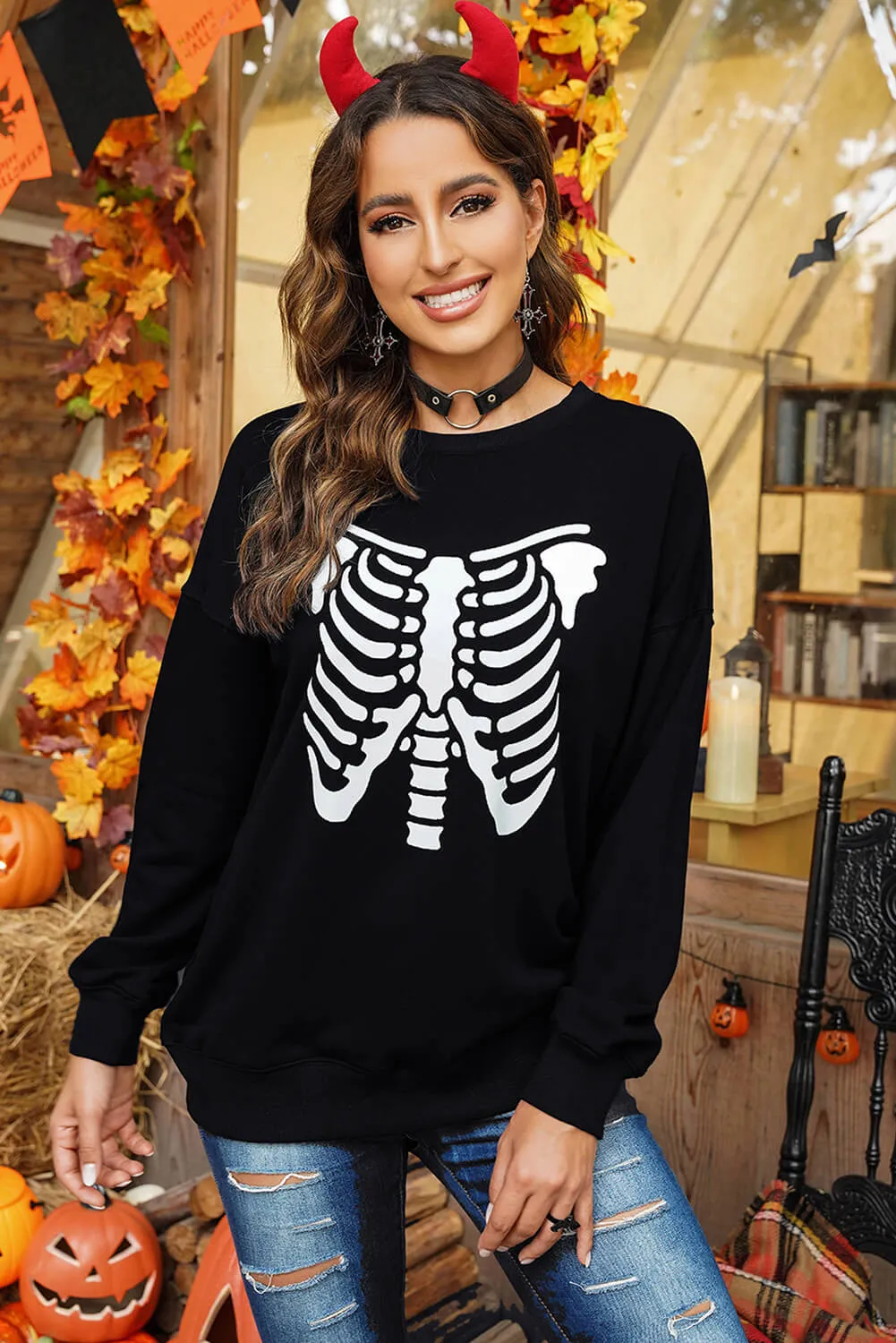 Halloween Skeleton Graphic Round Neck Sweatshirt