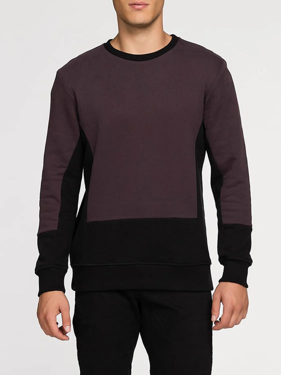 Horizontal Color Block Crew Neck Sweatshirt Burgundy