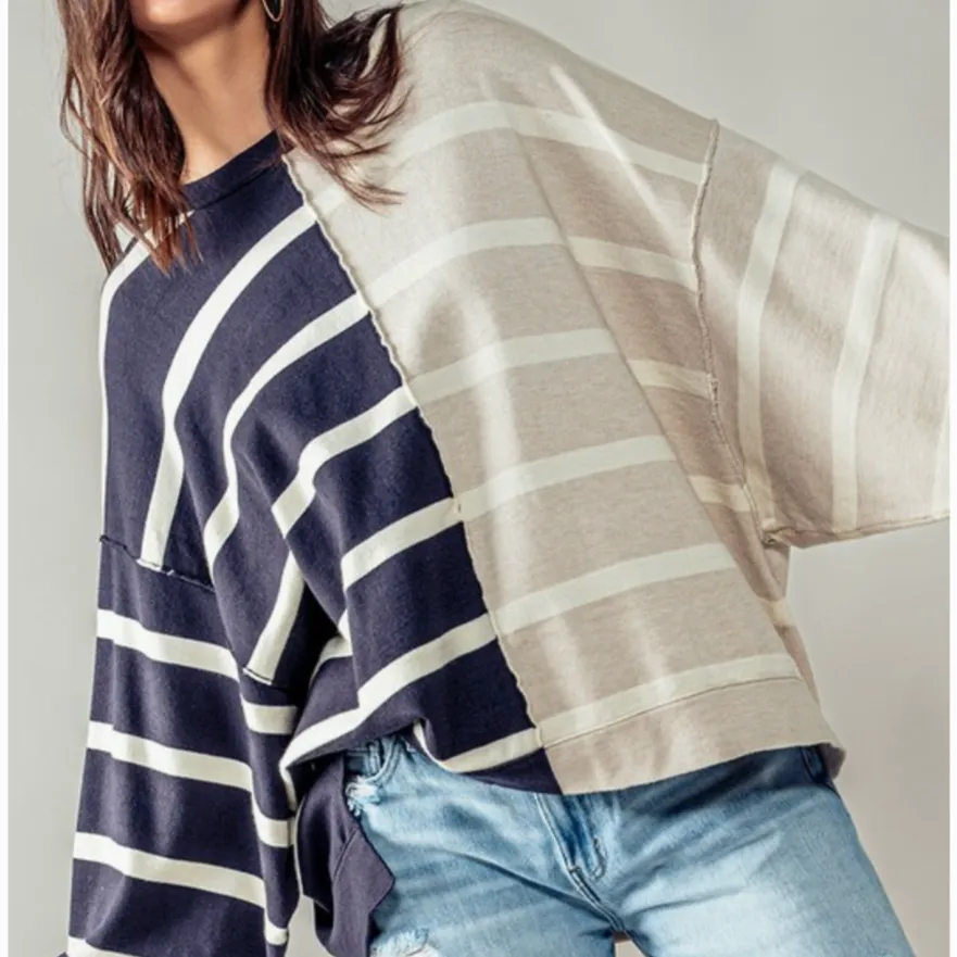 Looking for Love Two Tone Striped Drop Shoulder Top