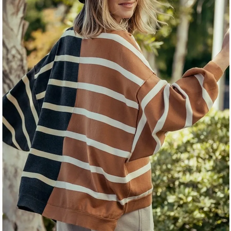 Looking for Love Two Tone Striped Drop Shoulder Top