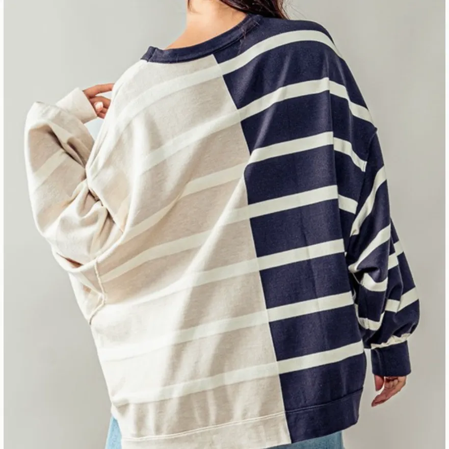 Looking for Love Two Tone Striped Drop Shoulder Top