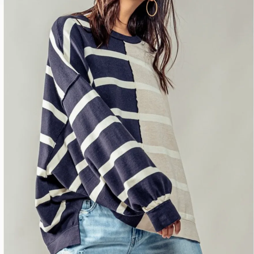 Looking for Love Two Tone Striped Drop Shoulder Top