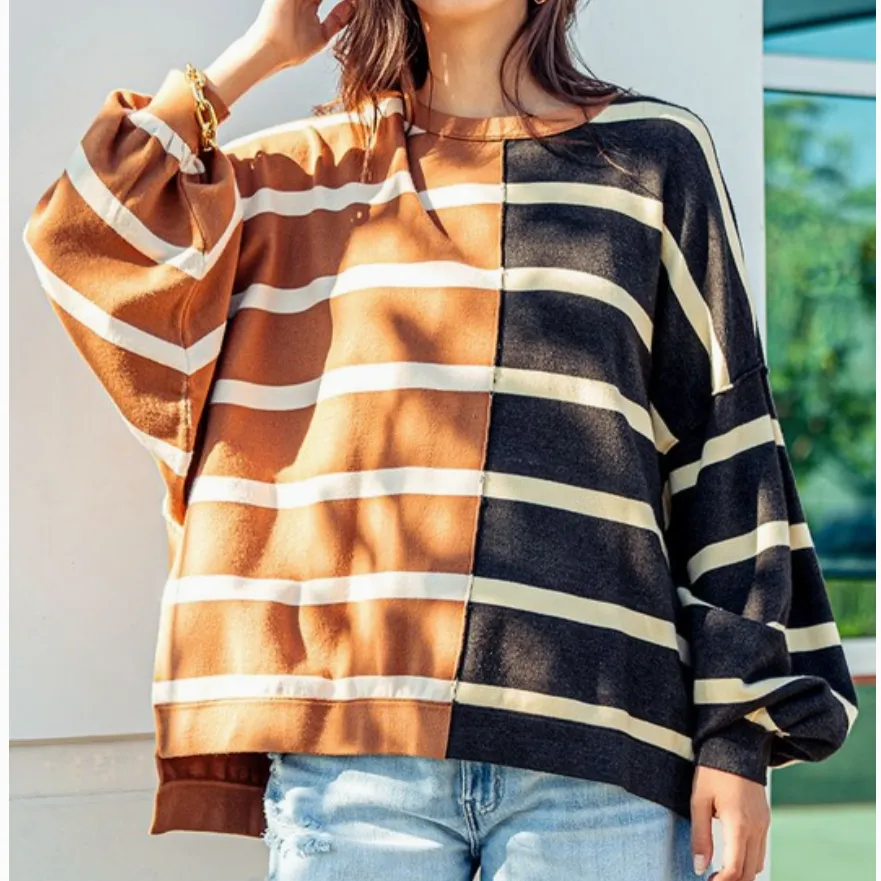 Looking for Love Two Tone Striped Drop Shoulder Top