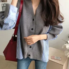 Loose Patchwork Striped Sweater For Women V Neck Long Sleeve Colorblock Knitting Cardigan Female Autumn Clothes