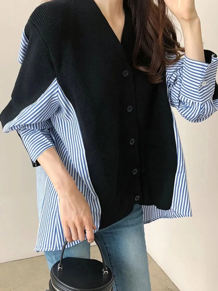 Loose Patchwork Striped Sweater For Women V Neck Long Sleeve Colorblock Knitting Cardigan Female Autumn Clothes