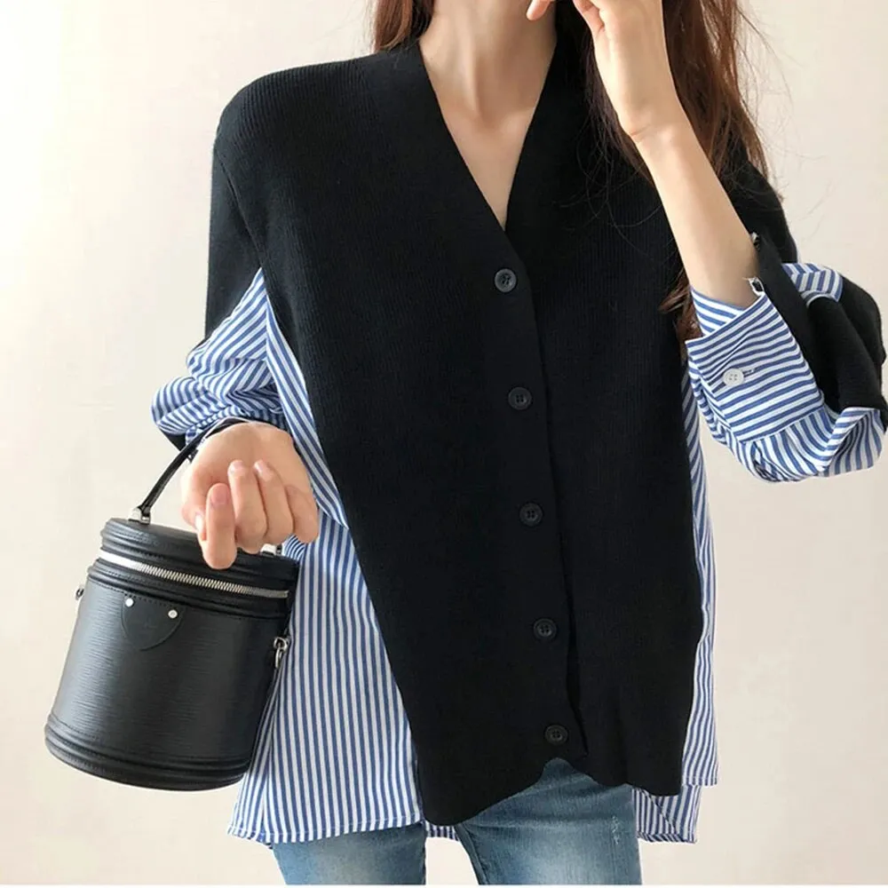 Loose Patchwork Striped Sweater For Women V Neck Long Sleeve Colorblock Knitting Cardigan Female Autumn Clothes