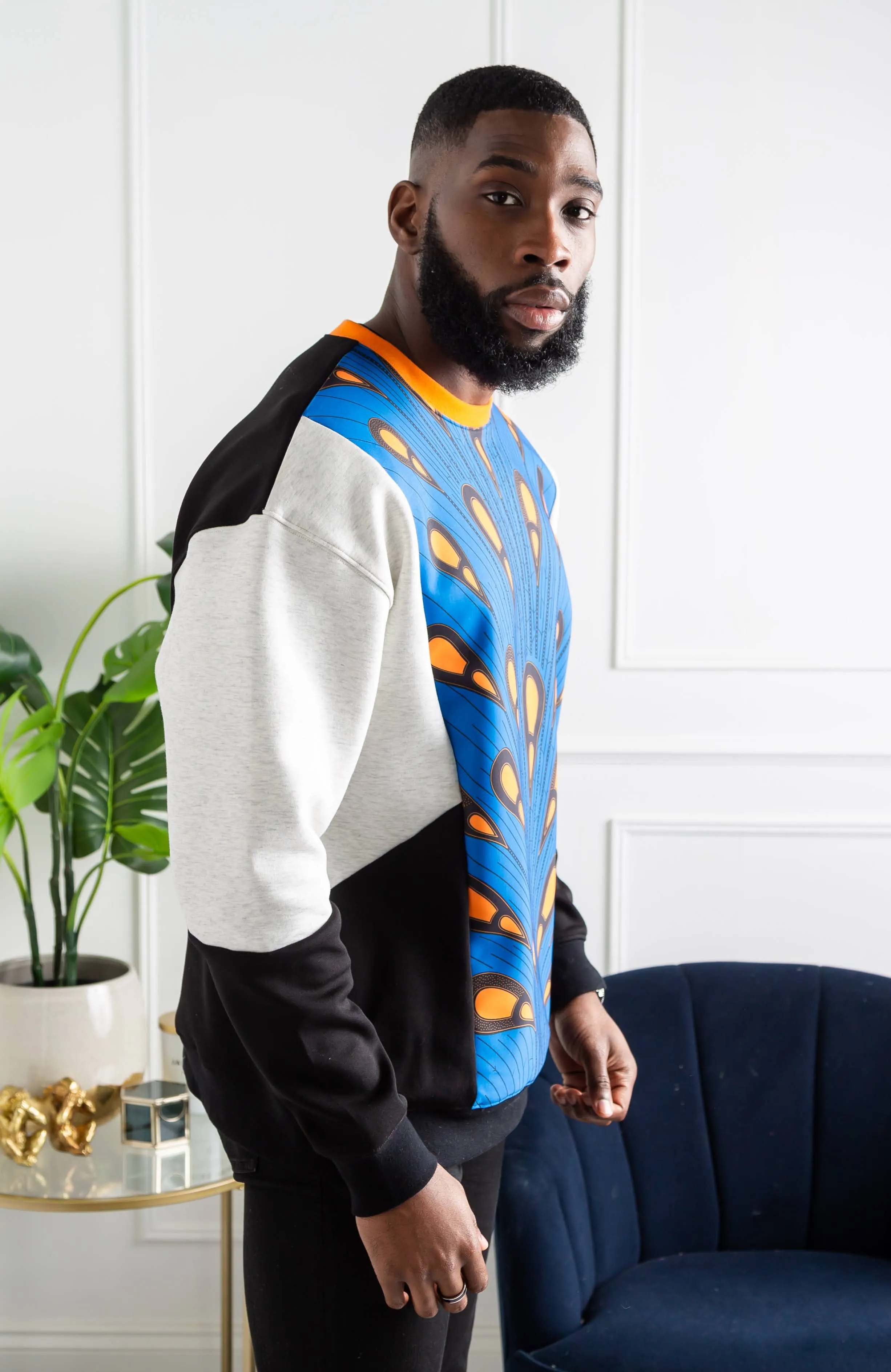 Men's African Print Crew Neck Sweatshirt | V Block Sweatshirt | ENUGU