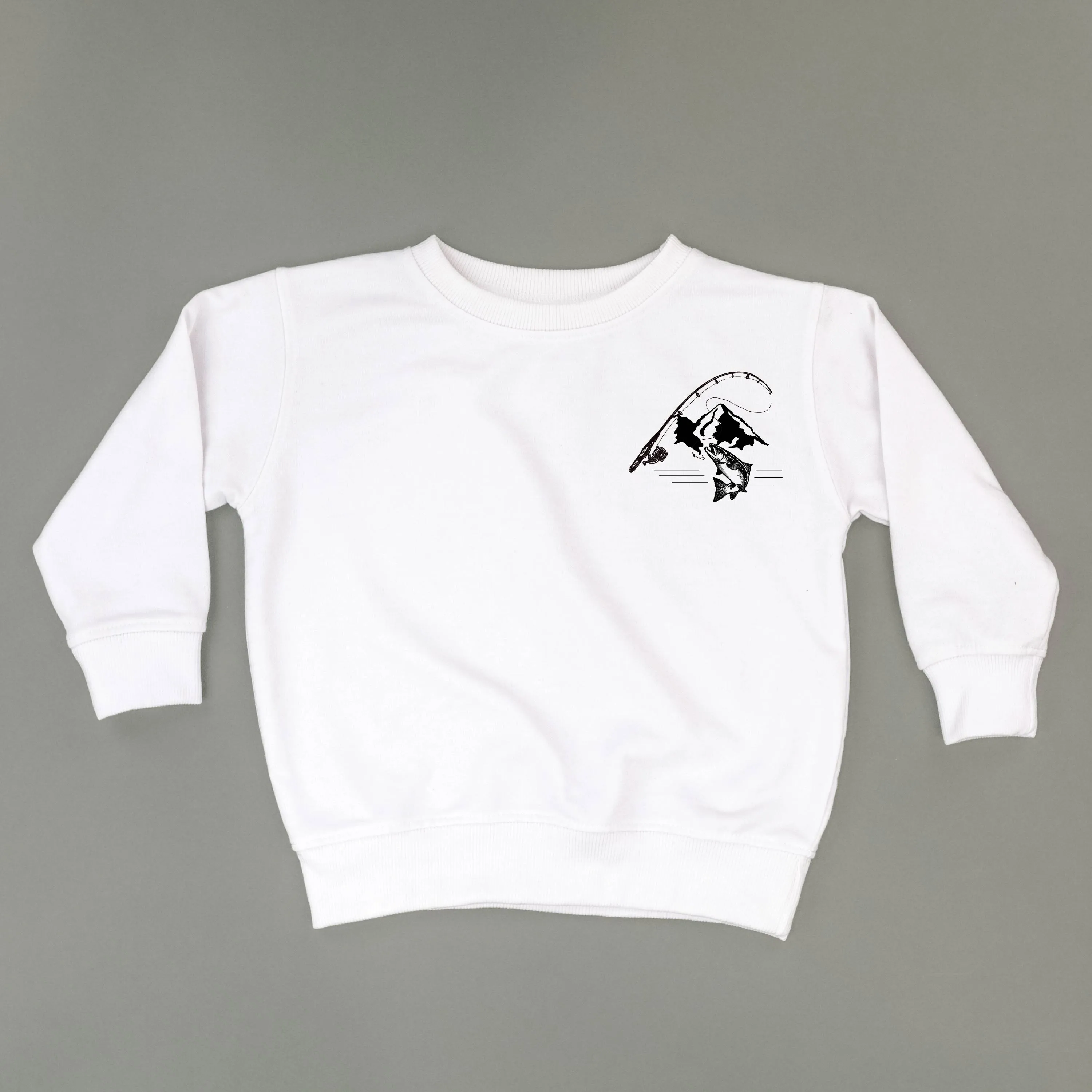 Mountain Fish & Pole Pocket Design on Front w/ FISH ON on Back - Child Sweater