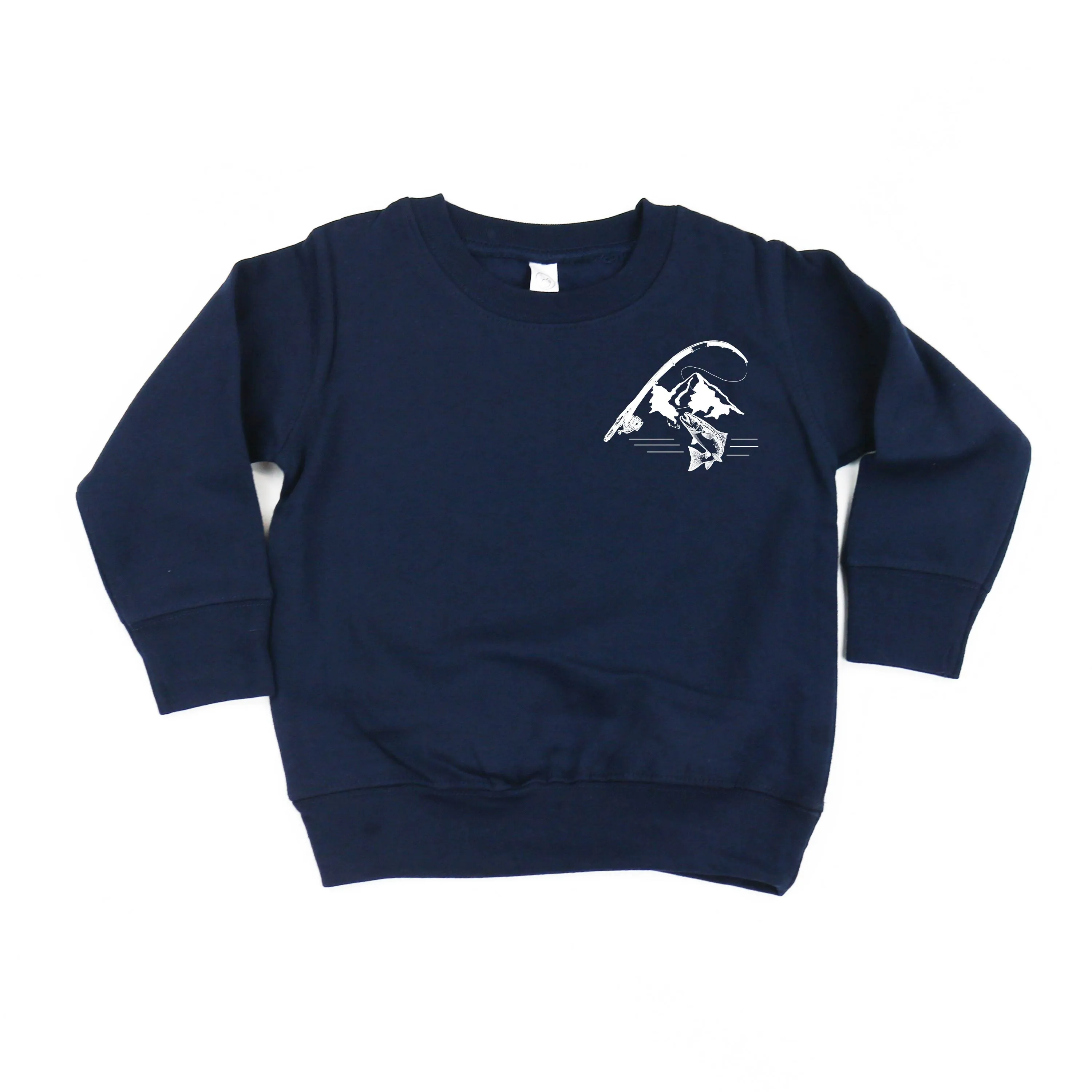 Mountain Fish & Pole Pocket Design on Front w/ FISH ON on Back - Child Sweater