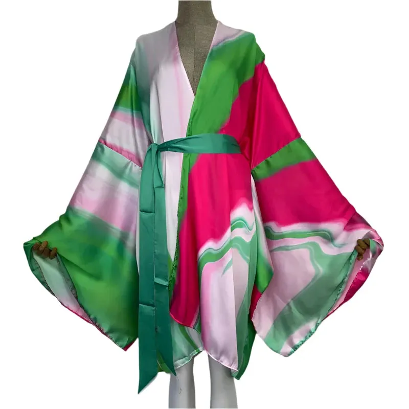 Satin Silk Polyester Blend Boho Kimono Cardigan - WINI