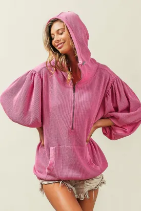 TEEK - Fuchsia Waffle-Knit Big Sleeved Half Zip Hoodie