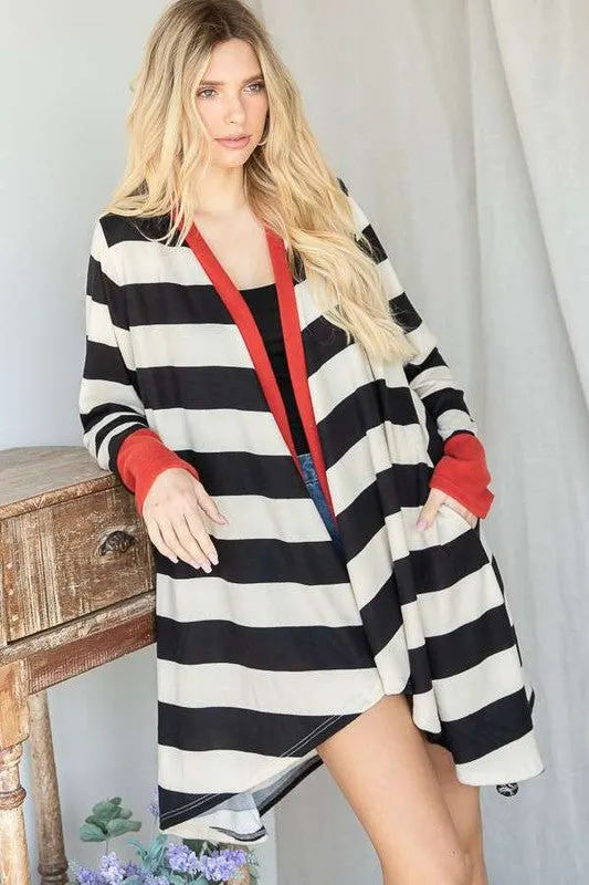 TEEK - Plus Size Open Front Striped Draped Cardigan