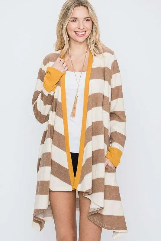 TEEK - Plus Size Open Front Striped Draped Cardigan