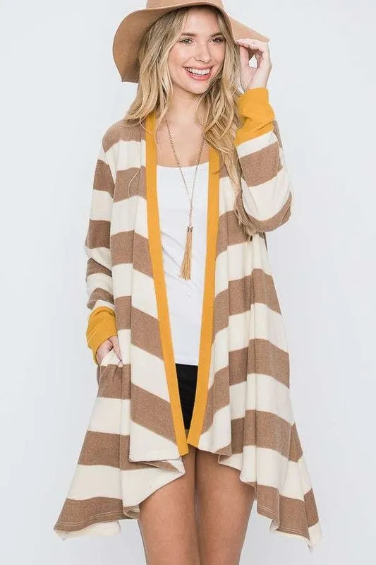 TEEK - Plus Size Open Front Striped Draped Cardigan