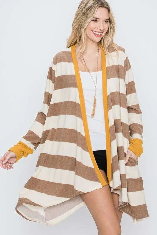 TEEK - Plus Size Open Front Striped Draped Cardigan