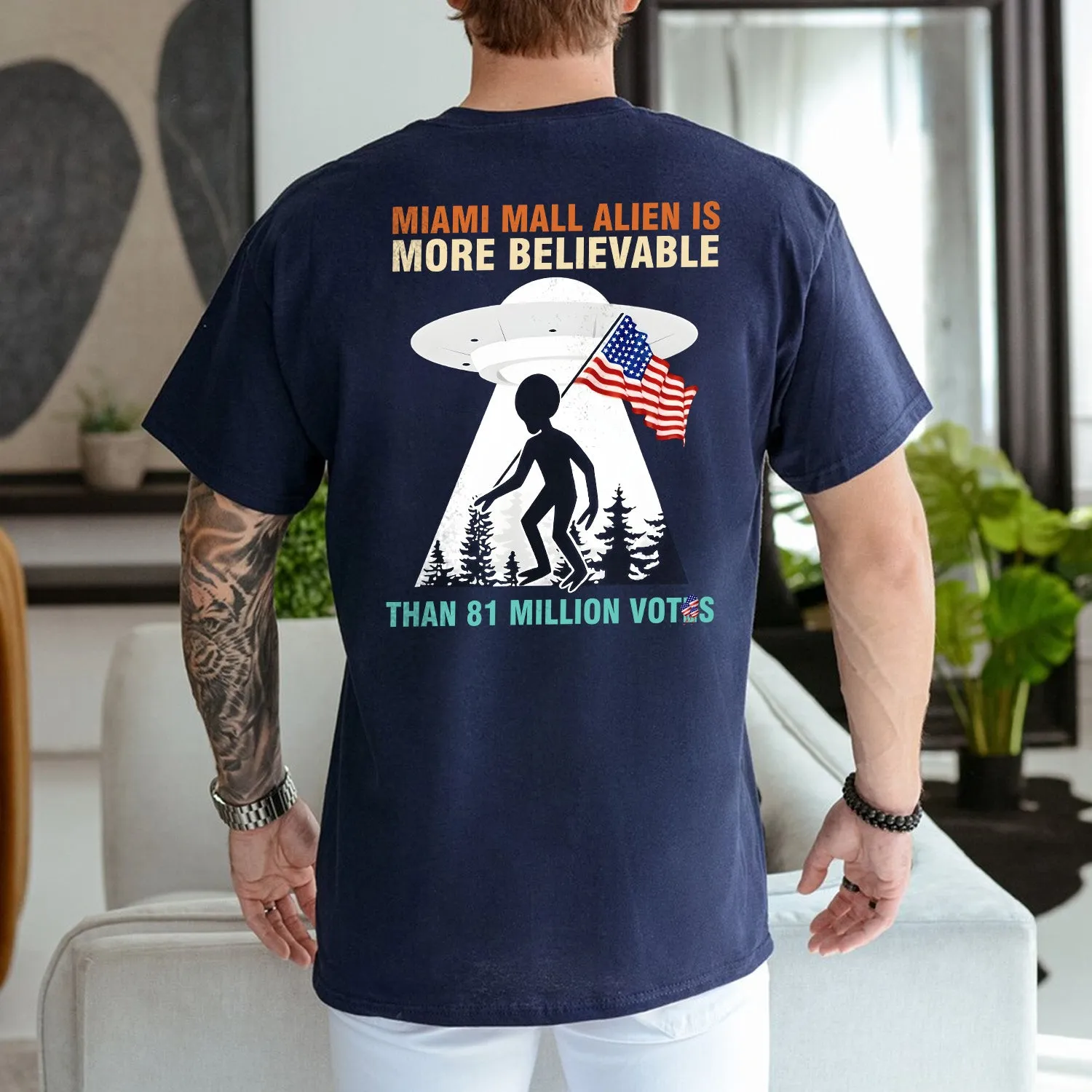 Teesdily | American Flag Alien Shirt, Miami Mall Alien Is More Believable Tee Sweatshirt Hoodie Mug, Funny Shirt, Ufo Shirt