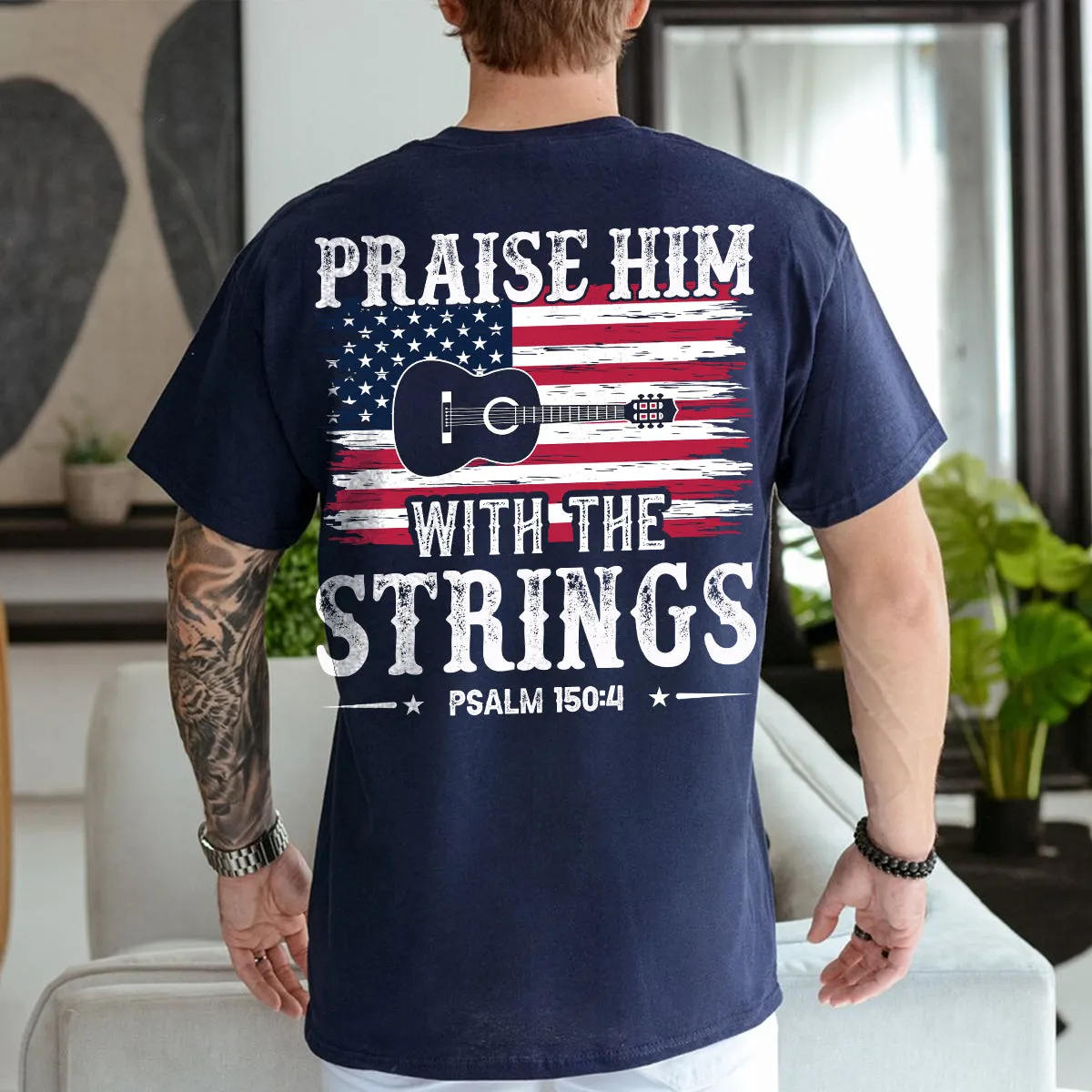 Teesdily | Guitar Usa Flag Shirt, Praise Hime With The Strings Casual Hoodie Sweatshirt Mug, Independence Day Backside Shirt, Guitar Player Gifts