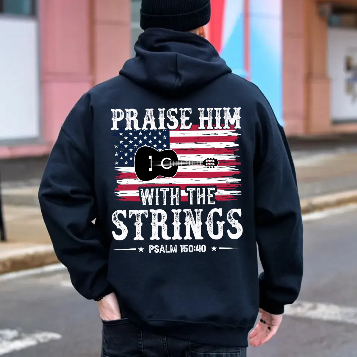 Teesdily | Guitar Usa Flag Shirt, Praise Hime With The Strings Casual Hoodie Sweatshirt Mug, Independence Day Backside Shirt, Guitar Player Gifts