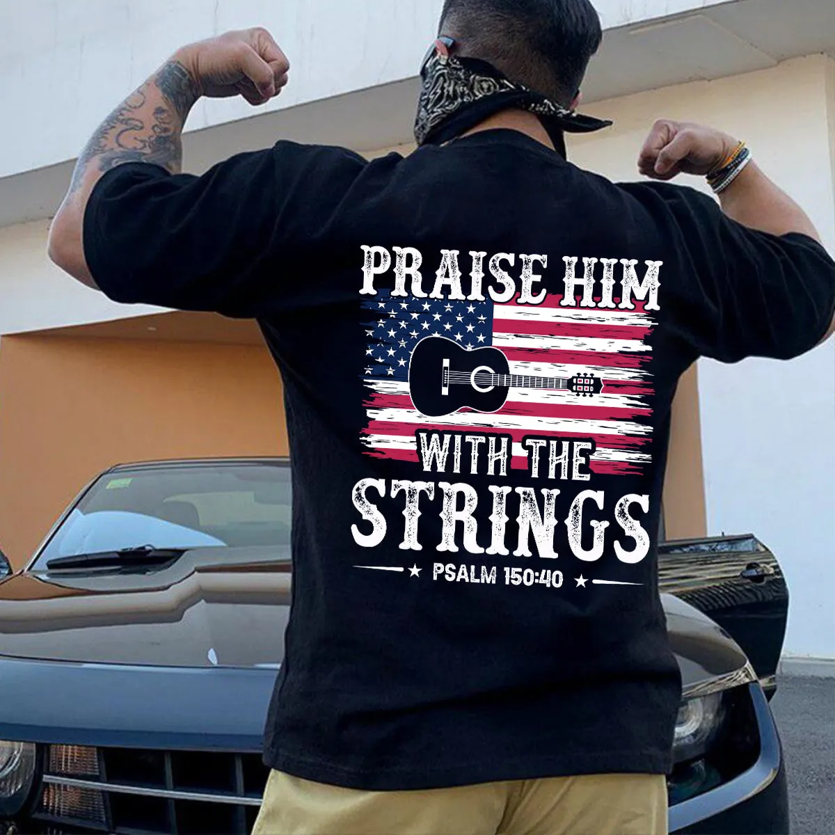 Teesdily | Guitar Usa Flag Shirt, Praise Hime With The Strings Casual Hoodie Sweatshirt Mug, Independence Day Backside Shirt, Guitar Player Gifts