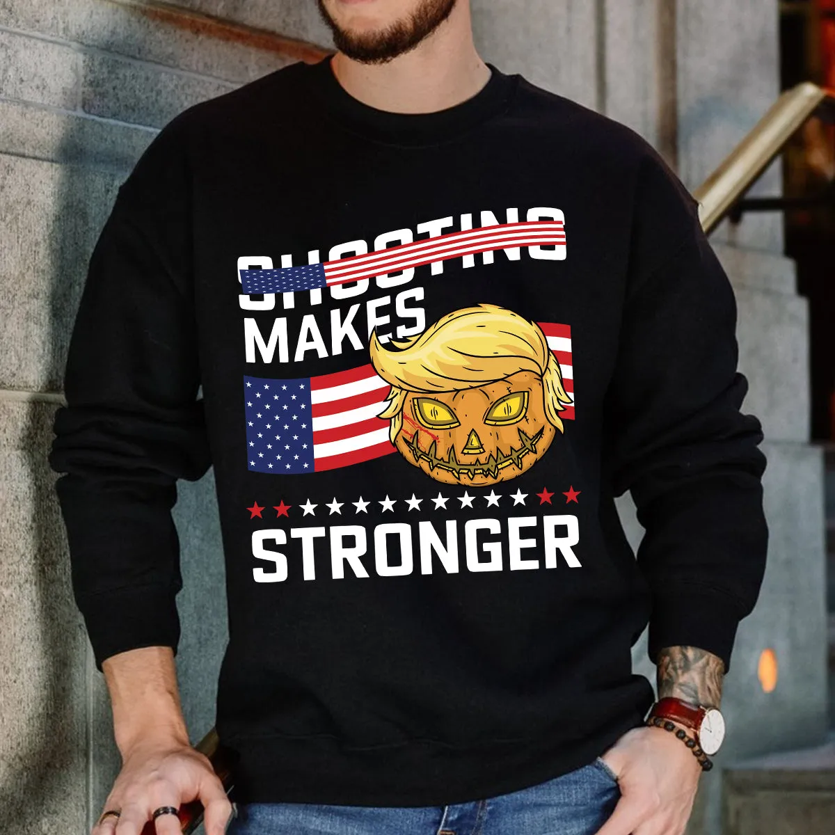 Teesdily | Halloween Pumpkin Shirt, Shoooting Makes Stronger Shirt, Pumpkin American Flag Hoodie Sweatshirt, Fight For America, Halloween Holiday Gift