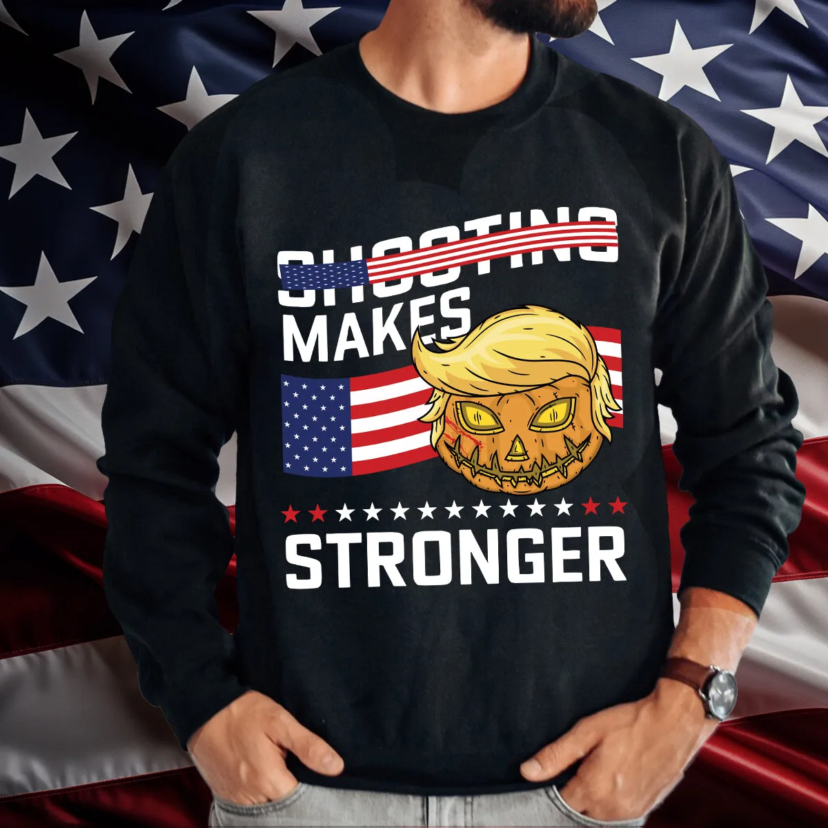 Teesdily | Halloween Pumpkin Shirt, Shoooting Makes Stronger Shirt, Pumpkin American Flag Hoodie Sweatshirt, Fight For America, Halloween Holiday Gift