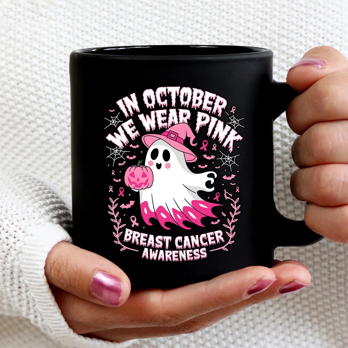 Teesdily | In October We Wear Pink Ghost Shirt, Breast Cancer Awareness Sweatshirt, In October We Wear Pumpkin, Pink Ribbon Hoodie Mug