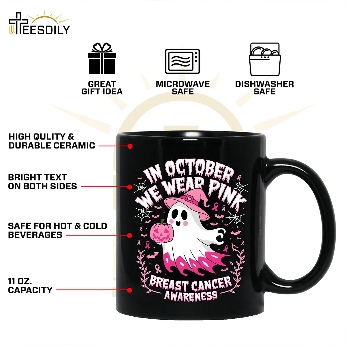 Teesdily | In October We Wear Pink Ghost Shirt, Breast Cancer Awareness Sweatshirt, In October We Wear Pumpkin, Pink Ribbon Hoodie Mug