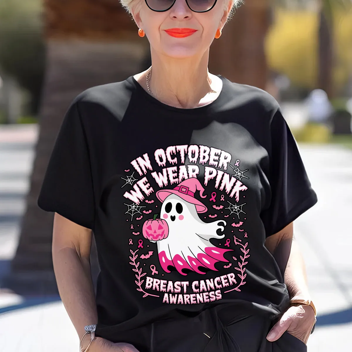 Teesdily | In October We Wear Pink Ghost Shirt, Breast Cancer Awareness Sweatshirt, In October We Wear Pumpkin, Pink Ribbon Hoodie Mug