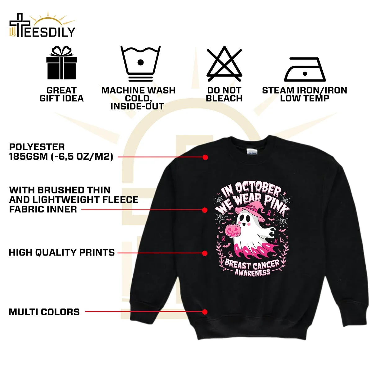 Teesdily | In October We Wear Pink Ghost Shirt, Breast Cancer Awareness Sweatshirt, In October We Wear Pumpkin, Pink Ribbon Hoodie Mug