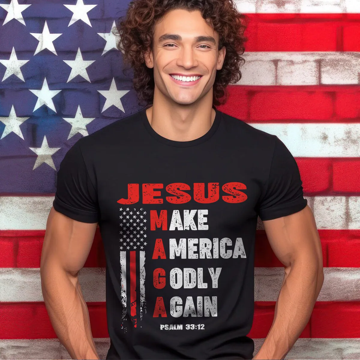 Teesdily | Jesus American Flag Shirt, Jesus Make America Godly Again Tee Sweatshirt Hoodie Mug, Jesus Lovers Tee Gifts, Patriotic Shirt