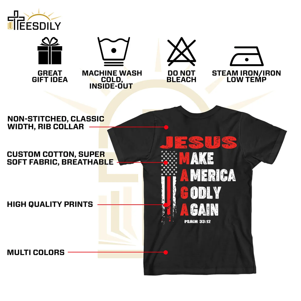 Teesdily | Jesus American Flag Shirt, Jesus Make America Godly Again Tee Sweatshirt Hoodie Mug, Jesus Lovers Tee Gifts, Patriotic Shirt