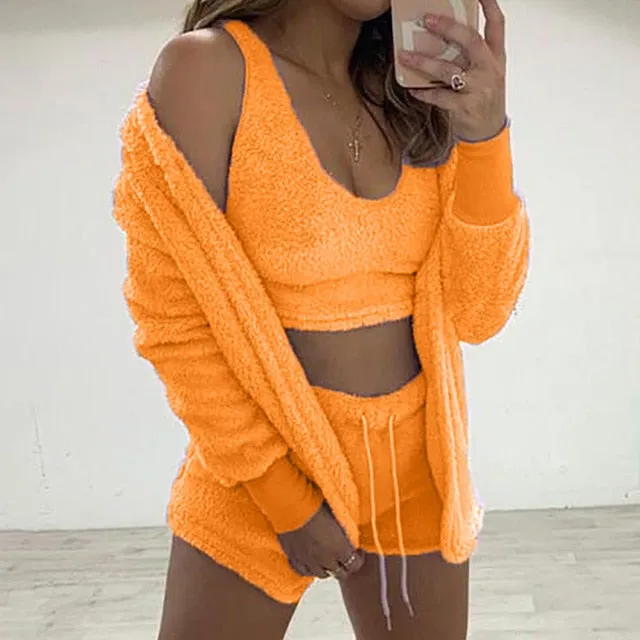 Trendy Plush Velvet Crop Top And Cardigan Set