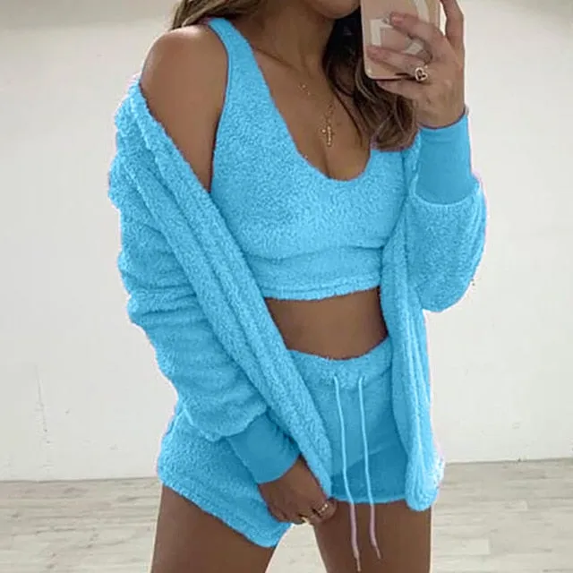 Trendy Plush Velvet Crop Top And Cardigan Set