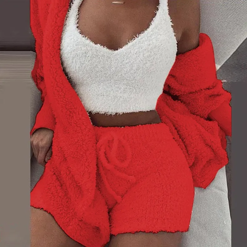 Trendy Plush Velvet Crop Top And Cardigan Set